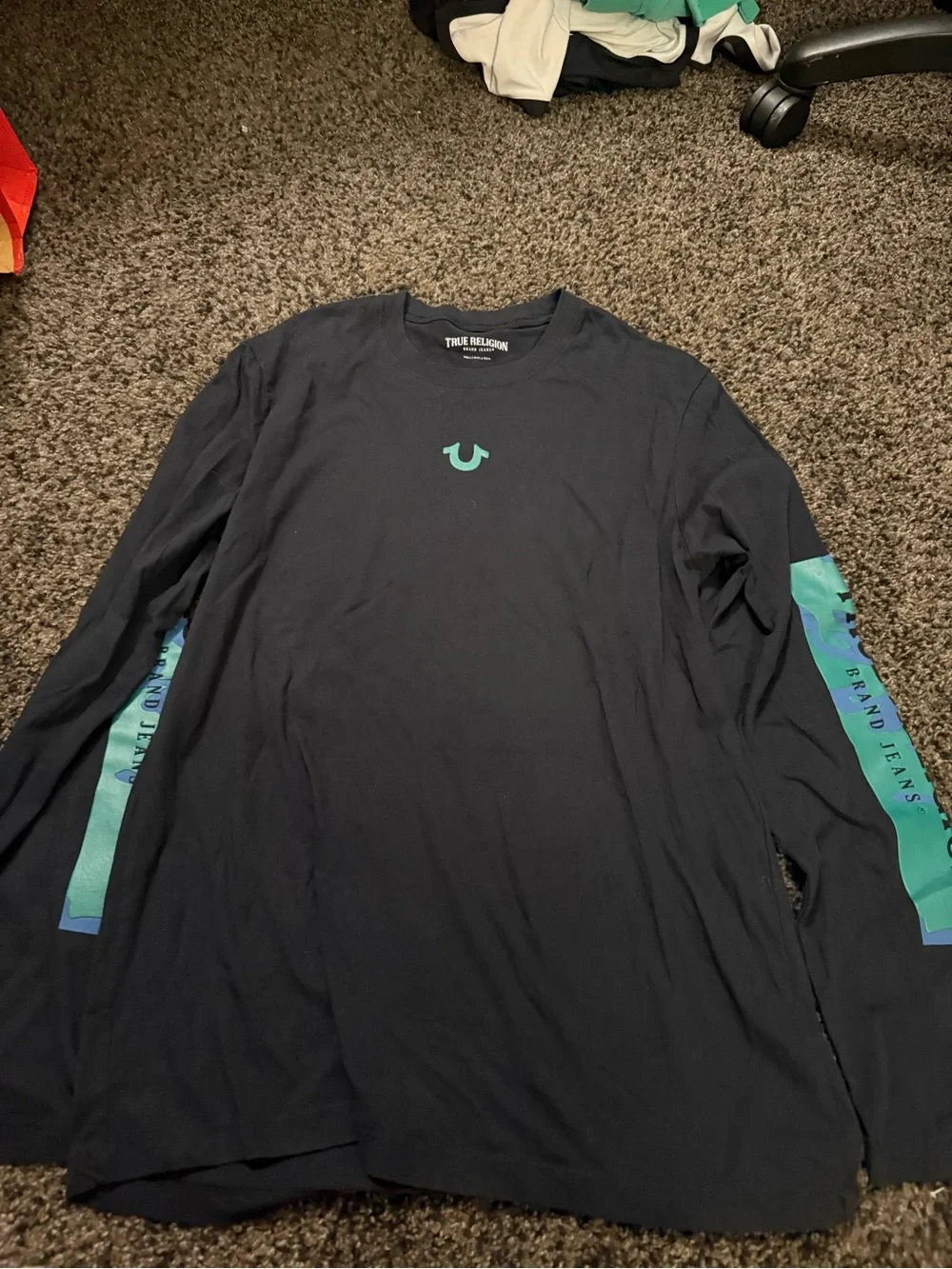 True Religion Black Long Sleeve Crew with Teal Sleeve Accents